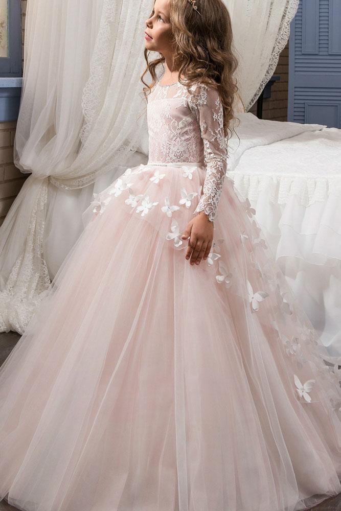White Scoop Neck Long Sleeves Ball Gown Tulle Lace Flower Girl Dress
