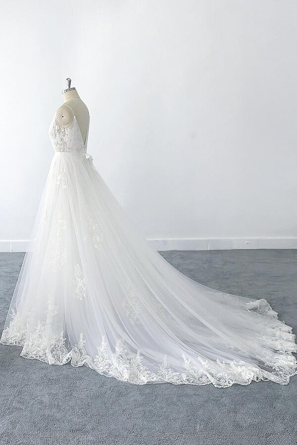 Elegant Long V-neck Ruffle Appliques Tulle A-line Backless Wedding Dress