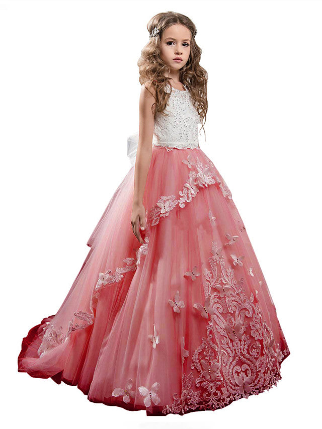 Princess Pageant Lace Tulle Sleeveless Jewel Neck Flower Girl Dresses