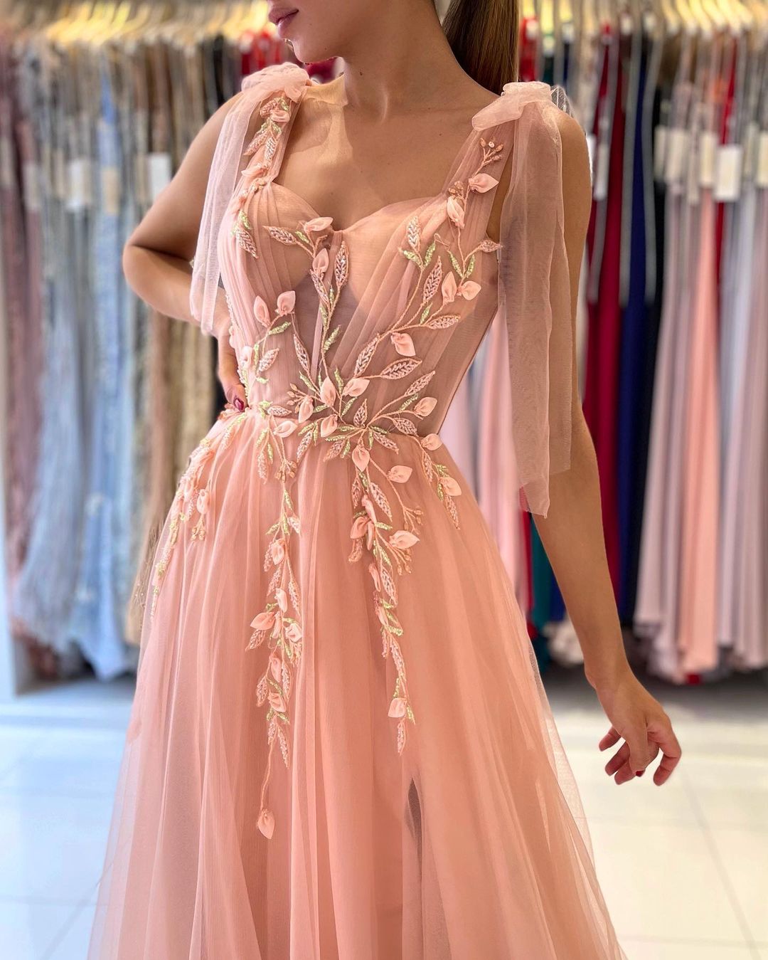 Long A-line Spaghetti Straps Tulle Prom Dress with Slit