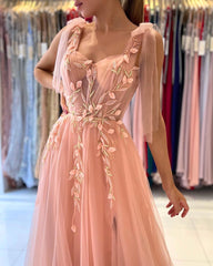 Long A-line Spaghetti Straps Tulle Prom Dress with Slit