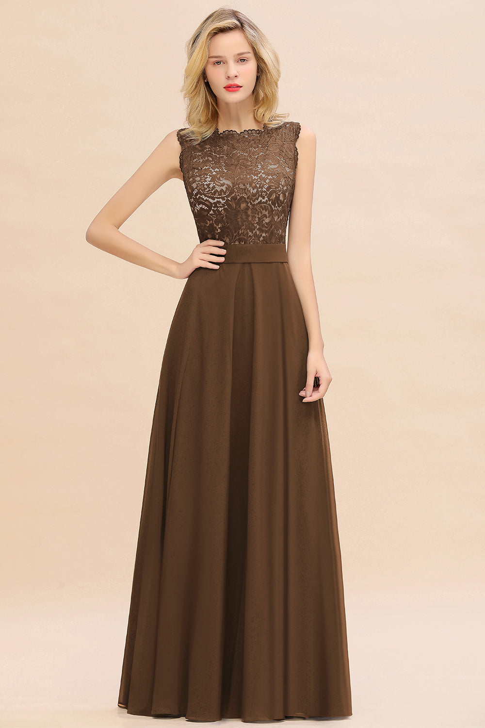 Long A-line Chiffon Lace Sleeveless Bridesmaid Dresses