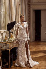 Elegant Long A-line High Neck Tulle Lace Backless Wedding Dress with Slit