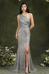 Gorgeous Sequins One Shoulder Mermaid Bridesmaid Dress With Side Slit