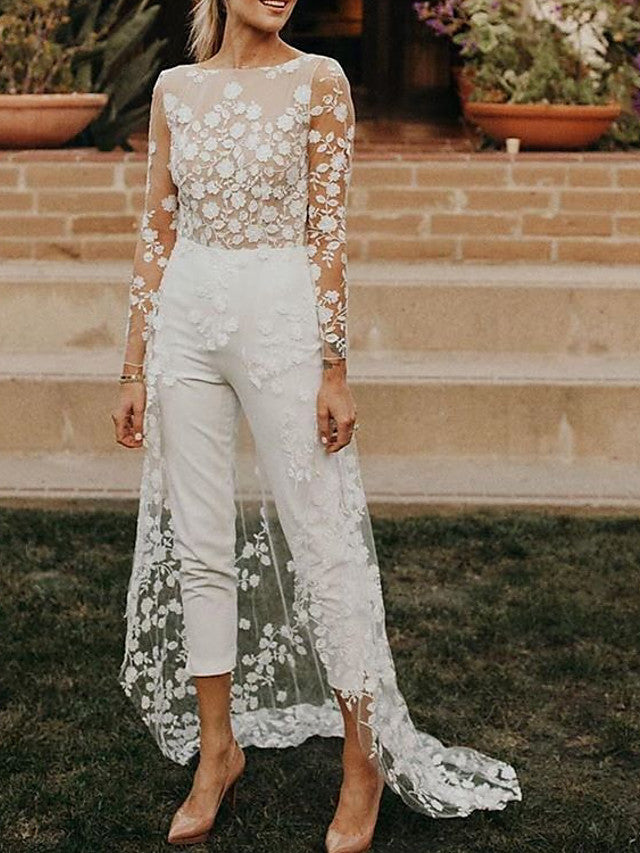 Long Sleeves Jewel Neck Jumpsuits A-Line Wedding Dresses