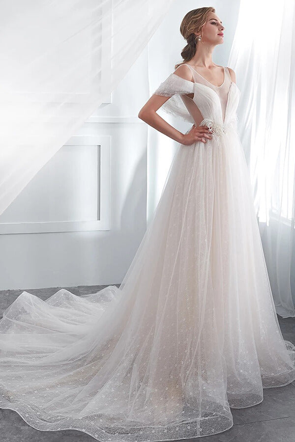 Long V-neck Ruffle Cold shoulder Tulle A-line Wedding Dress