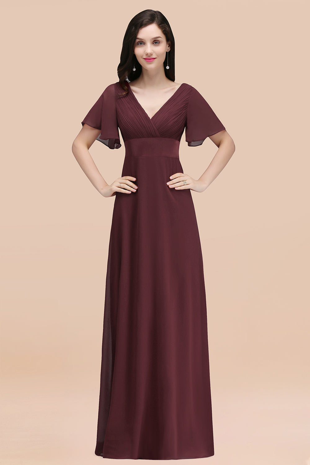 Simple A-Line Chiffon V-Neck Short Sleeves Ruffles Floor Length Bridesmaid Dresses