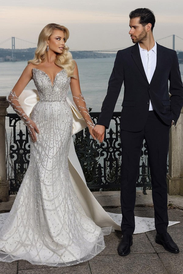 Elegant Glitter Long Mermaid Sweetheart Satin Lace Wedding Dresses