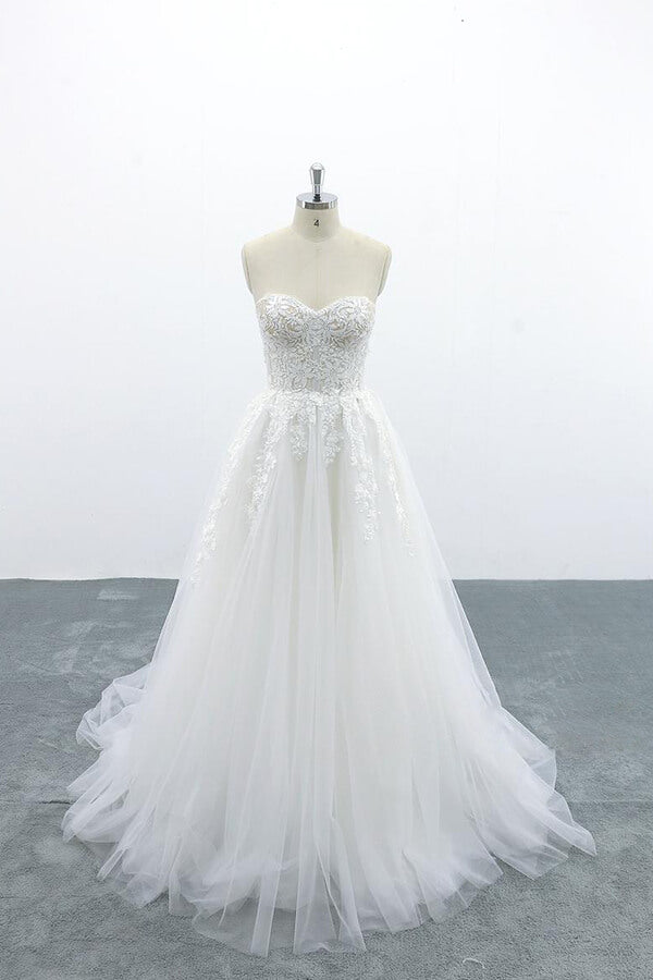 Long Appliques Lace Strapless Tulle A-line Wedding Dress