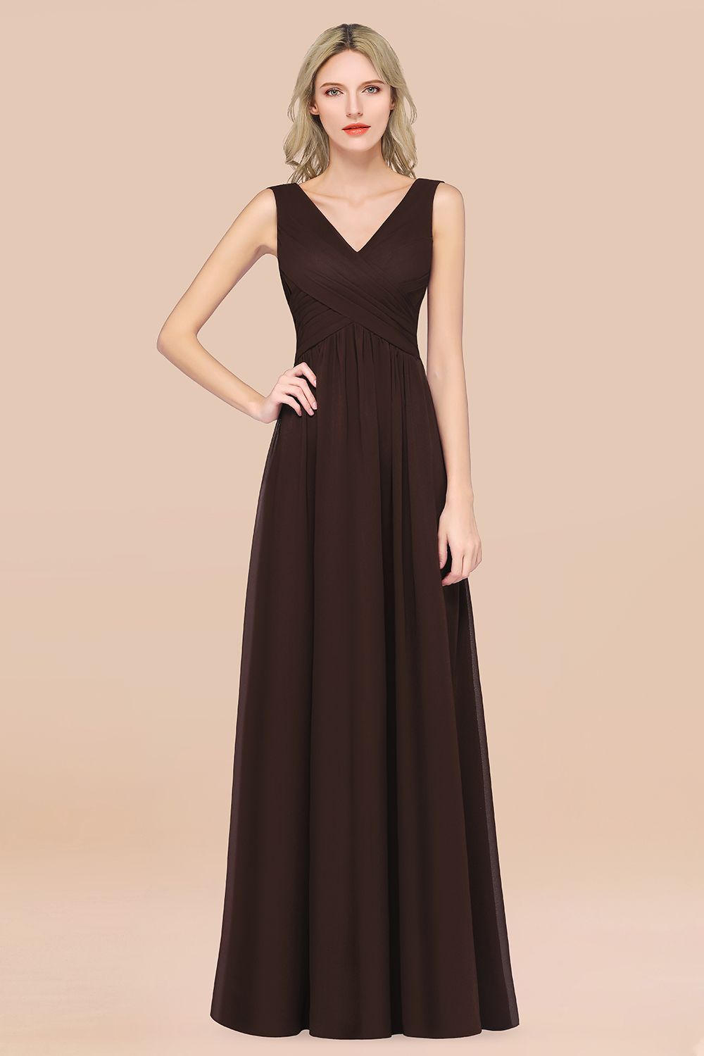 A-Line Chiffon Straps V-Neck Sleeveless Floor Length Bridesmaid Dress with Ruffles