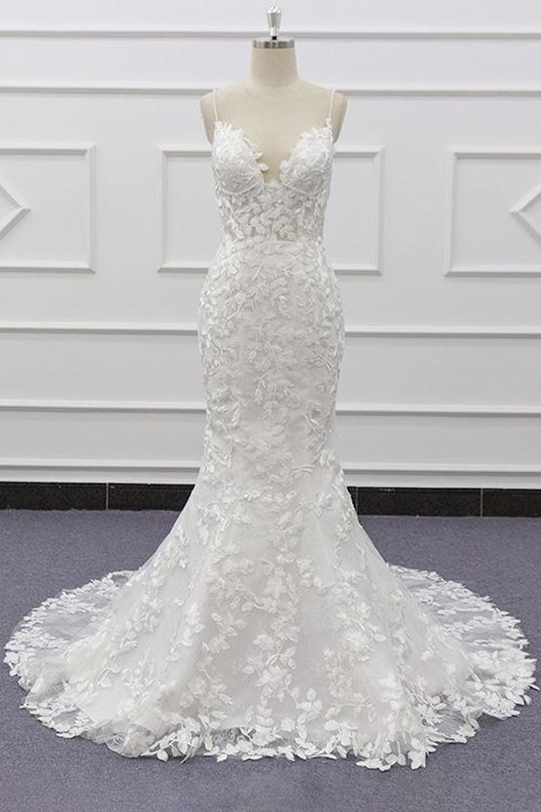Long Sweetheart Spaghetti Strap Appliques Lace Mermaid Wedding Dress