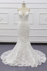 Long Sweetheart Spaghetti Strap Appliques Lace Mermaid Wedding Dress