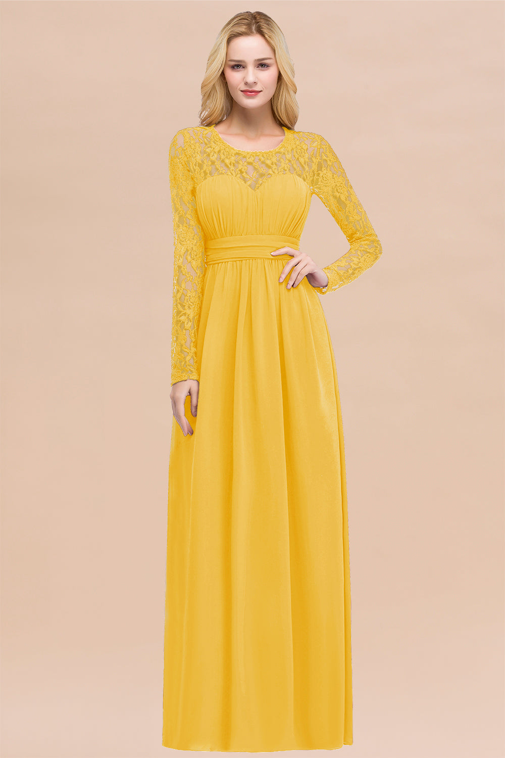 Elegant A-Line Chiffon Jewel Long Sleeves Ruffles Floor Length Bridesmaid Dresses
