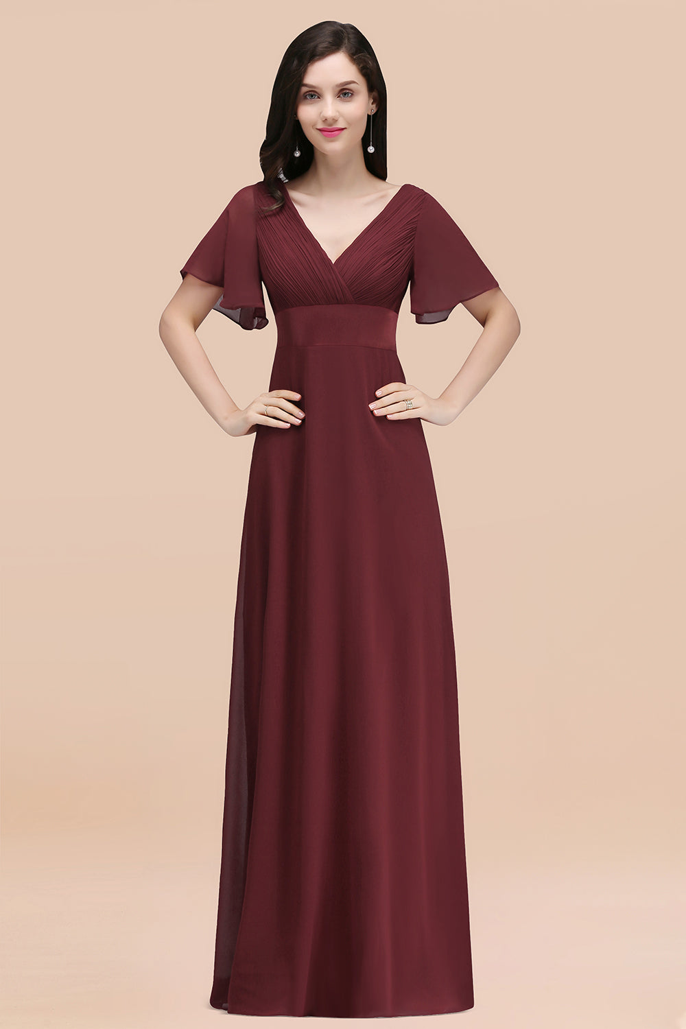 Simple A-Line Chiffon V-Neck Short Sleeves Ruffles Floor Length Bridesmaid Dresses