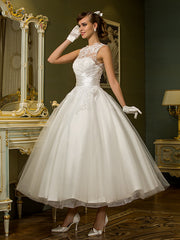 Short A-Line Satin Lace Ankle Length Vintage Wedding Dresses