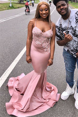 Chic Long Satin Spaghetti Straps Lace Mermaid Plue Size Prom Dress