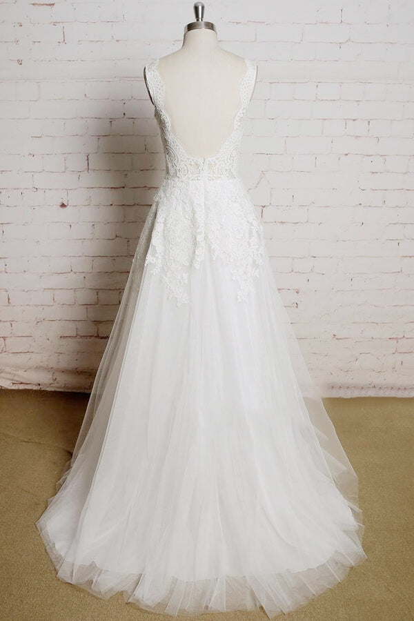 Chic Long V-neck Appliques Lace Tulle A-line Wedding Dress