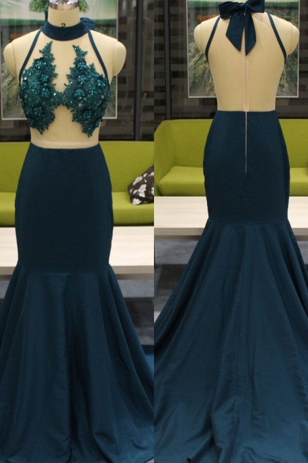 Long High Neck Sweep Train Sleeveless Mermaid Prom Dresses