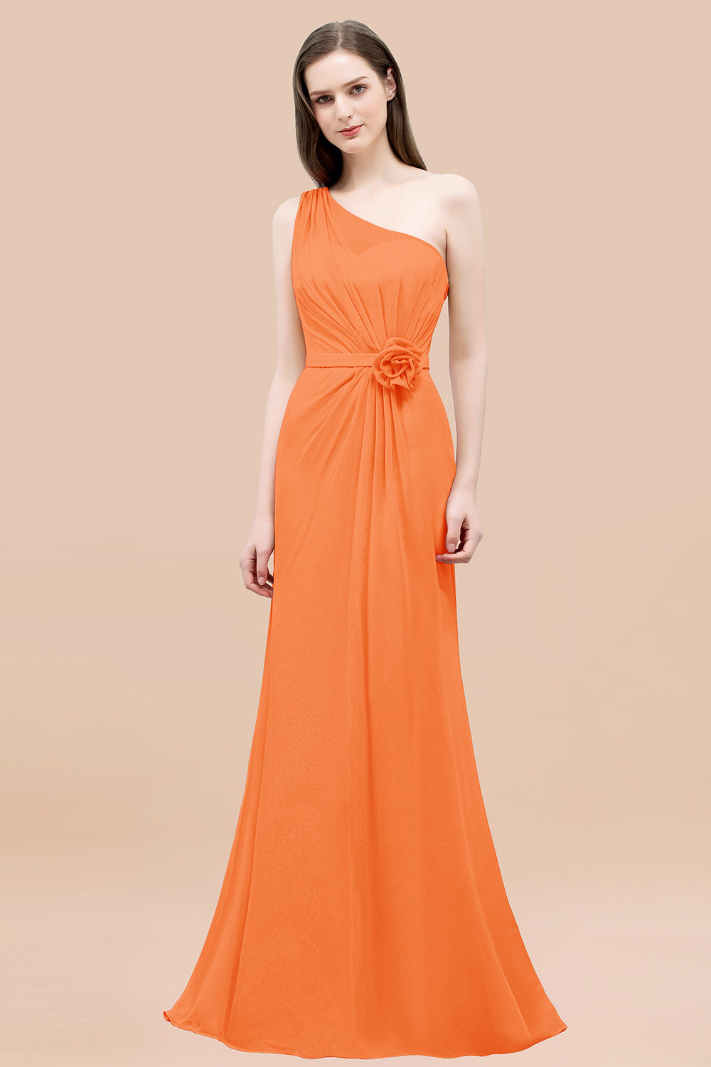 Mermaid Chiffon One Shoulder Sleeveless Ruffled Floor Length Bridesmaid Dresses with Flower
