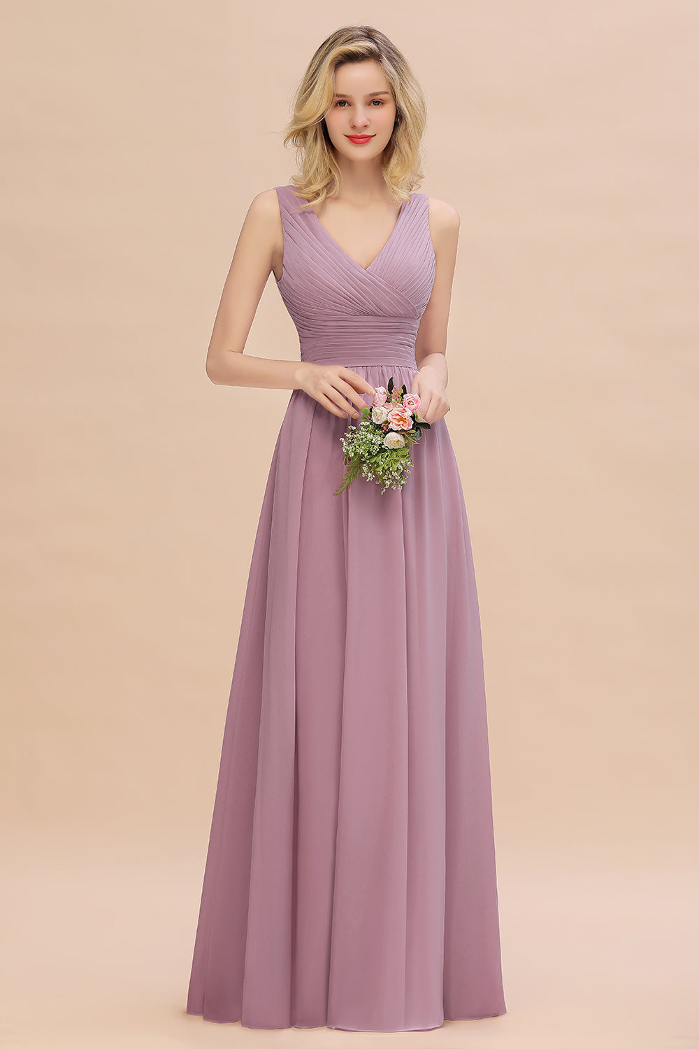 Elegant A-line V-Neck Ruffles Long Bridesmaid Dress