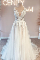Gorgeous Long A-line V-neck Tulle Lace Open Back Wedding Dresses