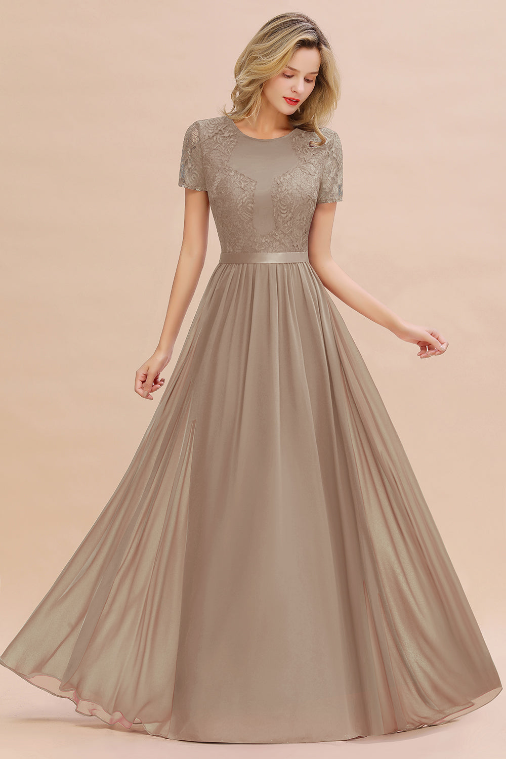 Chiffon Lace Scoop Short Sleeve Bridesmaid Dress