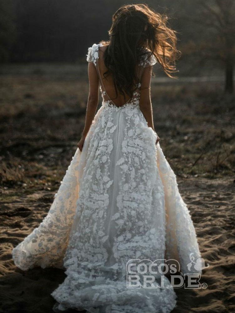 Long Lace V Neck Backless A Line Wedding Dresses with Short Sleeve