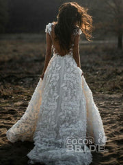 Long Lace V Neck Backless A Line Wedding Dresses with Short Sleeve