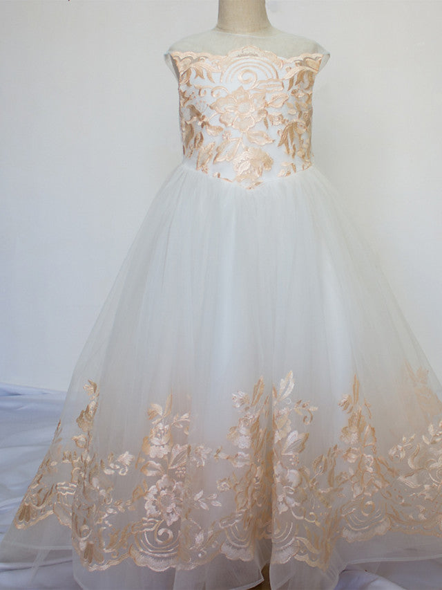 Ball Gown Long Tulle Lace Sleeveless Jewel Neck Flower Girl Dresses
