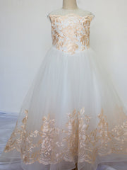 Ball Gown Long Tulle Lace Sleeveless Jewel Neck Flower Girl Dresses