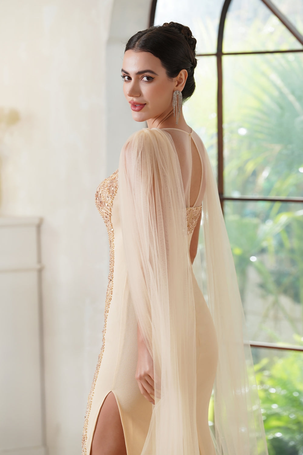 Champagne Long Mermaid Scoop Neck Tulle Formal Prom Dress with Cape