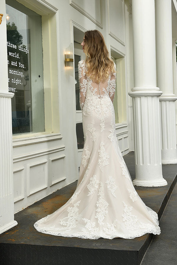 Elegant V-Neck Long Sleeve Satin Lace Mermaid Wedding Dress