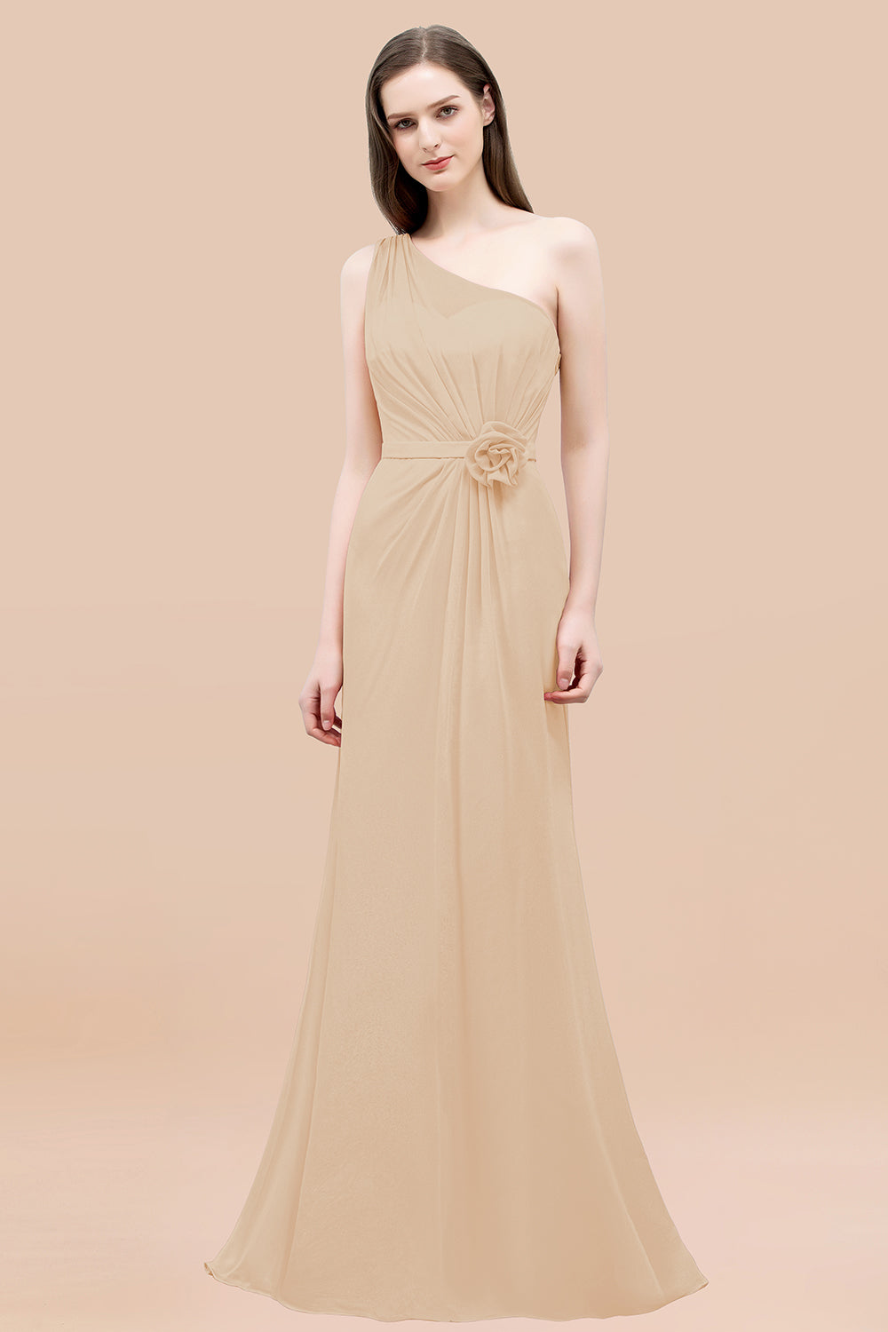 Mermaid Chiffon One Shoulder Sleeveless Ruffled Floor Length Bridesmaid Dresses with Flower