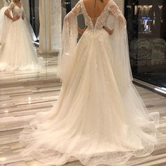 Elegant Long A-Line V-neck Short Sleeve Backless Appliques Lace Floor Length Wedding Dress