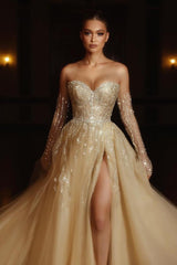 Champagne A-line Sweetheart Tulle Beading Long Wedding Dress with Split