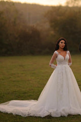 A-Line V-neck Lace Tulle Long Wedding Dresses with Sleeves
