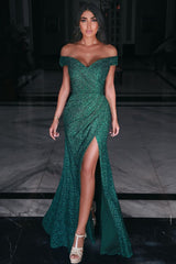 Long Off the Shoulder Floor Length Ruffles Mermaid Prom Dress With Side Slit