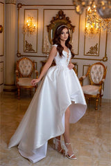 Chic White High Low A-line V-neck Satin Lace Wedding Dress