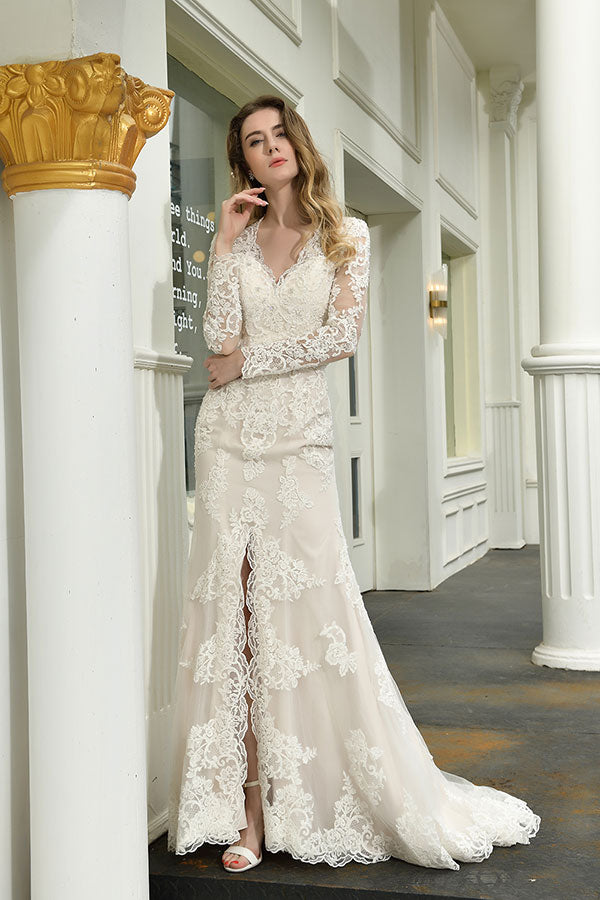 Elegant V-Neck Long Sleeve Satin Lace Mermaid Wedding Dress