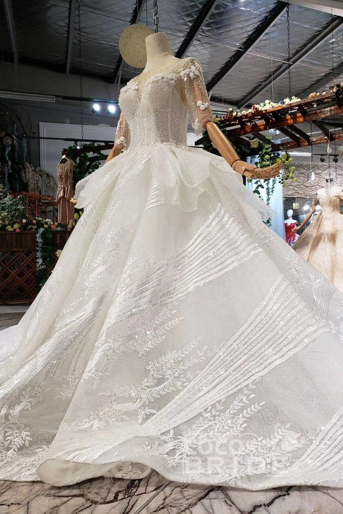 Ball Gown Half Sleeves Lace with Sequins Long Wedding Dress