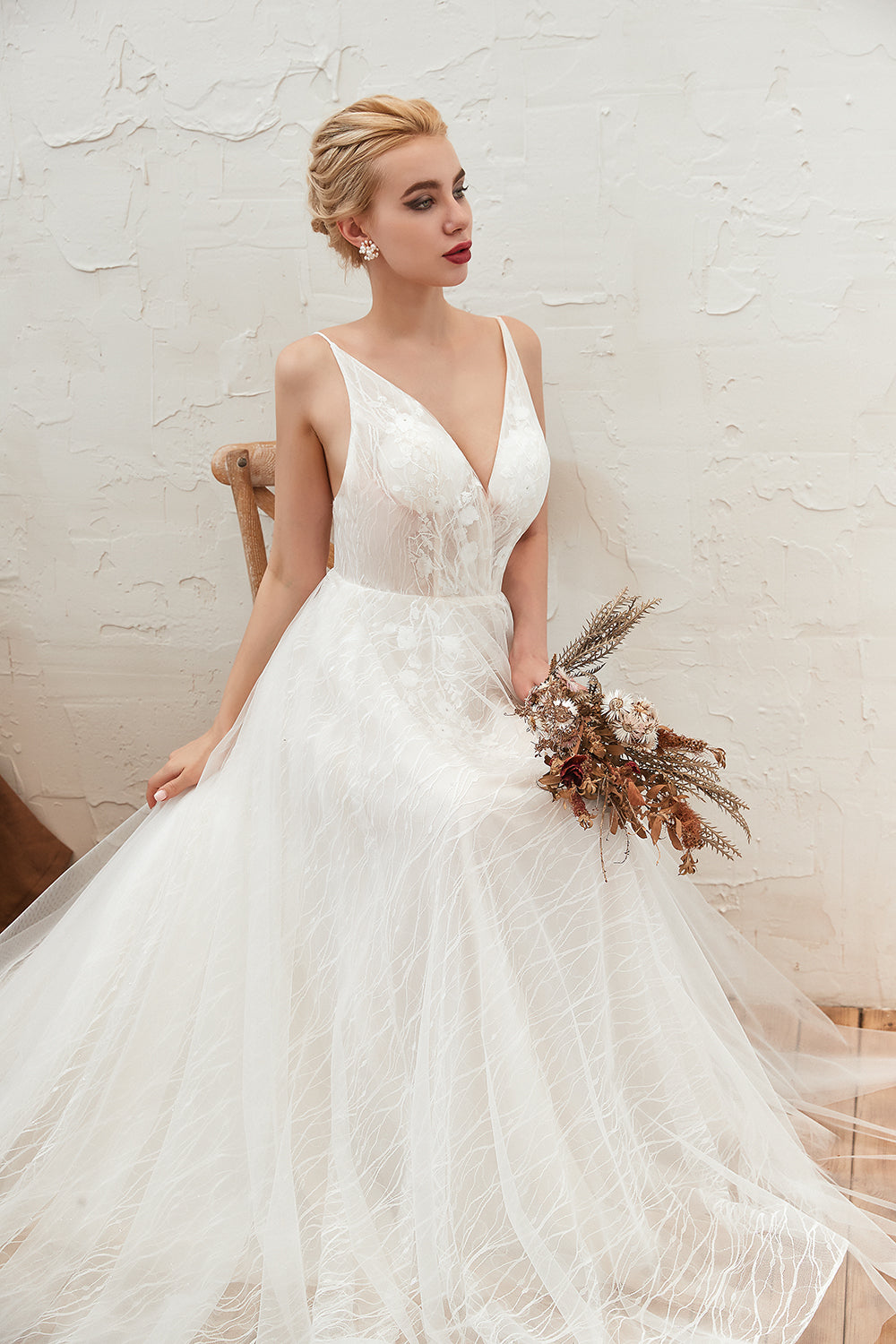 Classy A-Line Long V-neck Floor Length Lace Tulle Open Back Wedding Dress