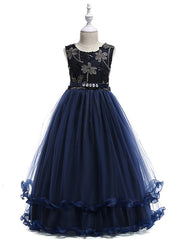 Burgundy Long A-line Tulle Sleeveless Jewel Neck Flower Girl Dresses