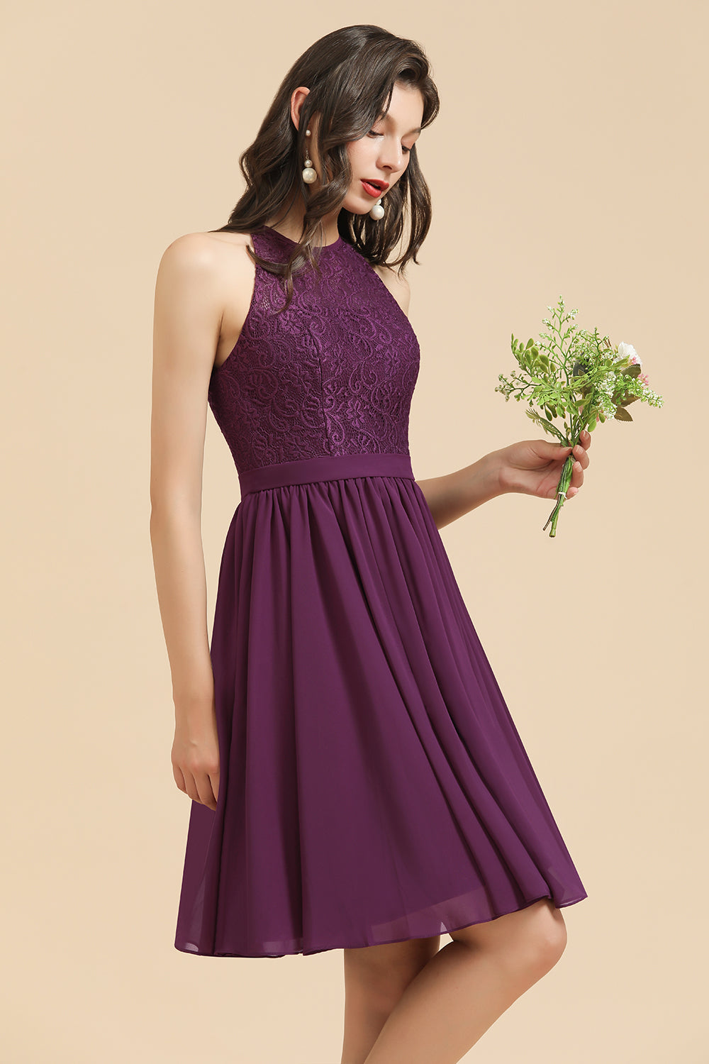 Short A-line Halter Lace Chiffon Wedding Party Dress
