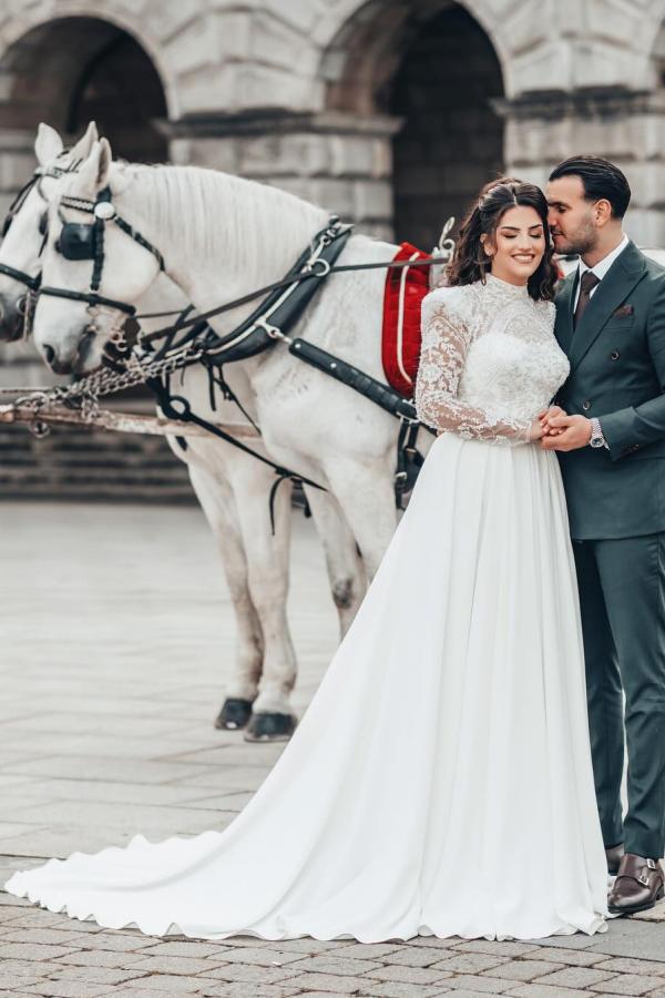 White Long A-line High Neck Chiffon Lace Wedding Dresses with Sleeves
