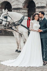 White Long A-line High Neck Chiffon Lace Wedding Dresses with Sleeves