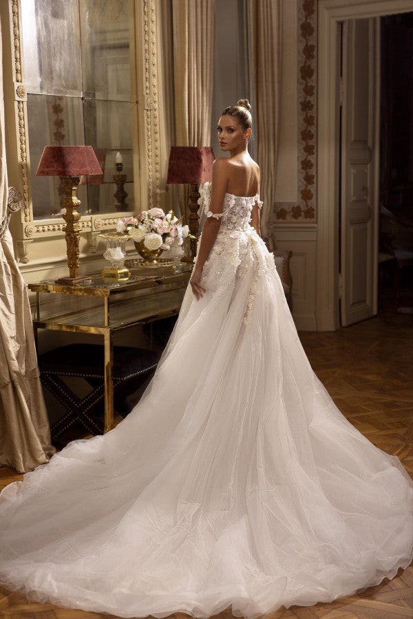 Elegant Long A-line Off the Shoulder Tulle Lace Backless Wedding Dresses with Slit