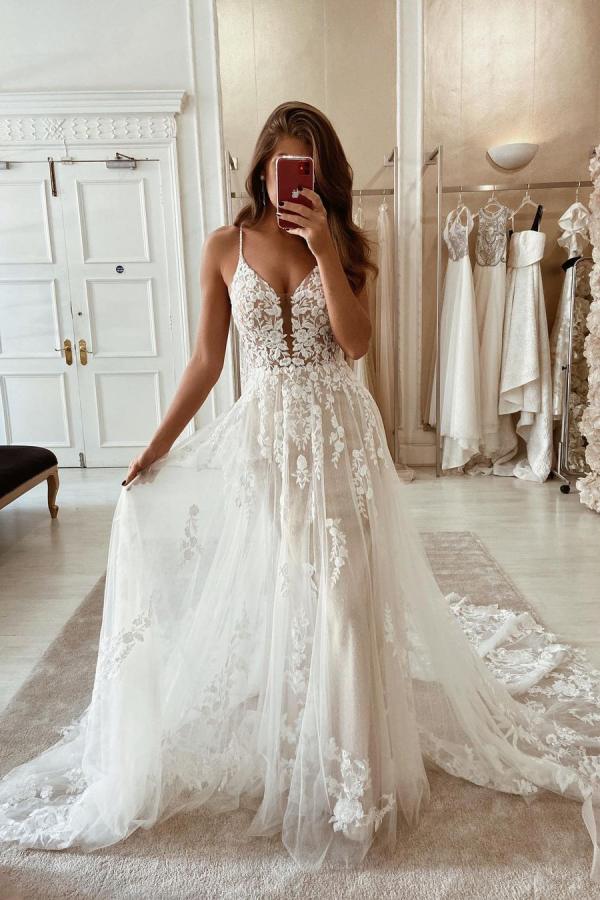 Elegant Long Spaghetti Straps V-neck Appliques Lace Backless Train A-Line Wedding Dress