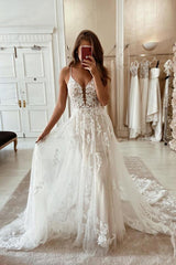 Elegant Long Spaghetti Straps V-neck Appliques Lace Backless Train A-Line Wedding Dress