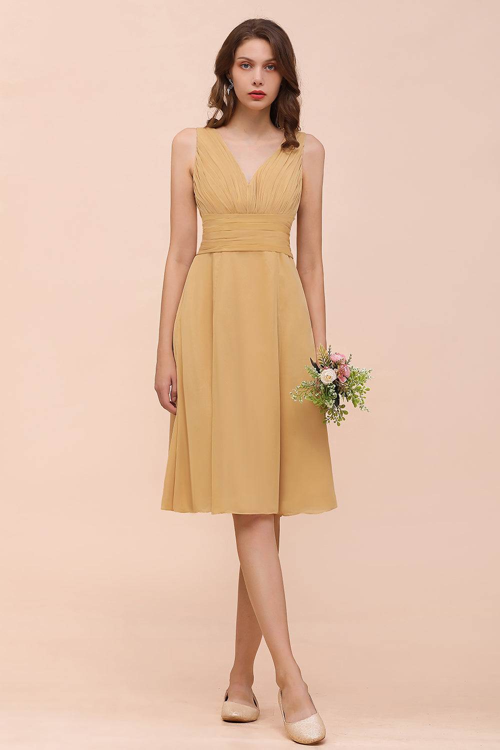 Short A-line V-neck Gold Chiffon Bridesmaid Dress with Bow