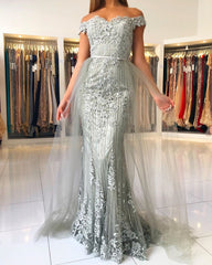 Long Mermaid Off the Shoulder Tulle Lace Prom Dress